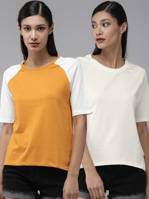 

Roadster Women Pack of 2 Mustard Yellow Off White Pure Cotton T-shirts