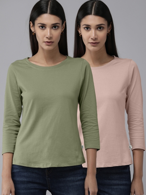 

Roadster Women Pack of 2 Pink Olive Green Pure Cotton T-shirts