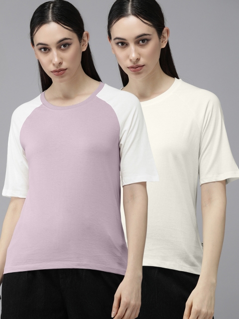 

Roadster Women Pack of 2 Lavender Off White Pure Cotton T-shirts