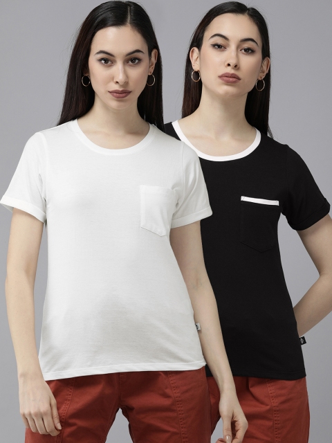 

Roadster Women Pack of 2 White Black Pure Cotton T-shirts
