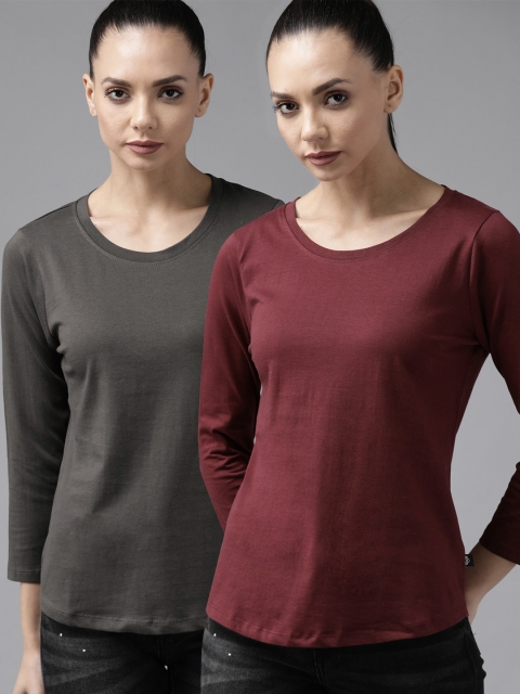 

Roadster Women Pack Of 2 Pure Cotton T-shirt, Burgundy