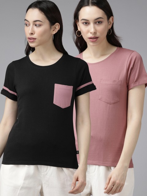 

Roadster Women Pack of 2 Black & Pink Solid T-shirt