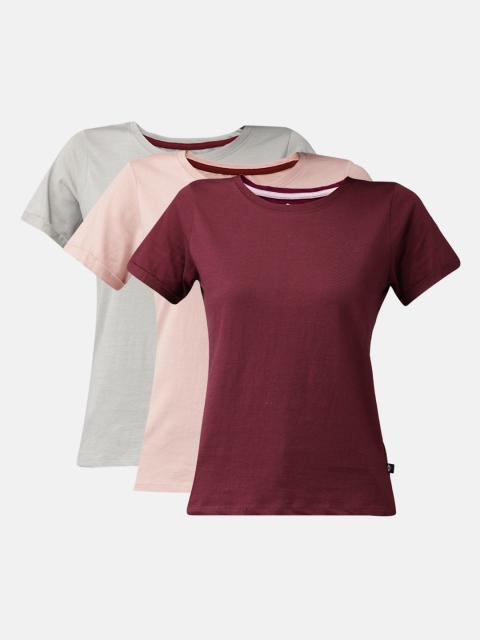 

Roadster Women Pack Of 3 Maroon & Pink SOlid Round Neck T-shirt