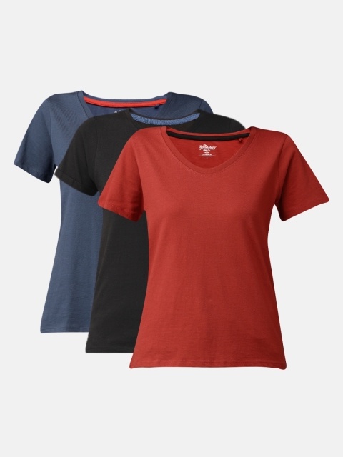 

Roadster Women Pack Of 3 Solid Red Black Round Neck Pure Cotton T-shirt