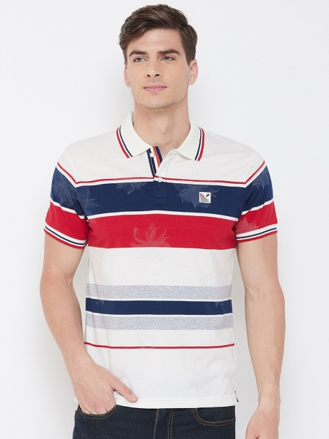 

Duke Men White Striped Polo Collar T-shirt