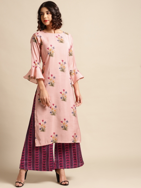 

Saadgi Women Pink Floral Print Chanderi Silk Kurta with Palazzos