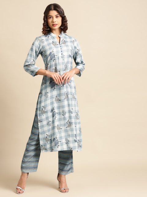 

Saadgi Women Blue & White Ethnic Motifs Printed Kurta with Trousers