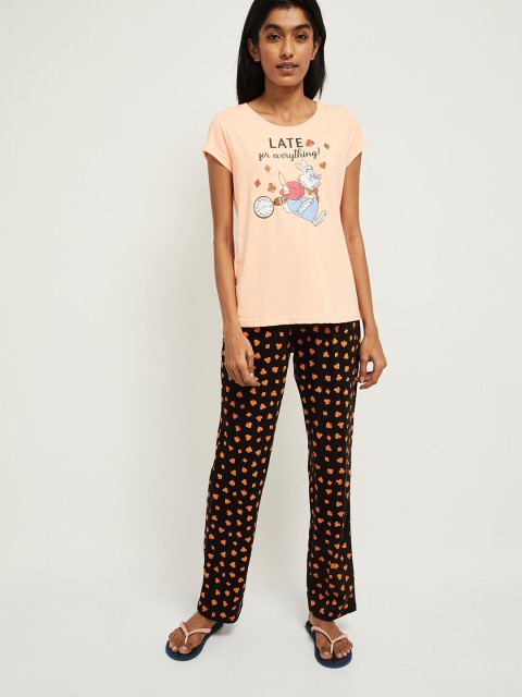 

max Women Peach-Coloured & Black Printed Night Suit