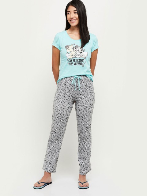 

max Women Blue & Grey Printed Night suit