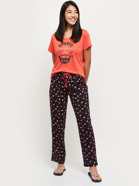 

max Women Blue & Coral Printed Night suit