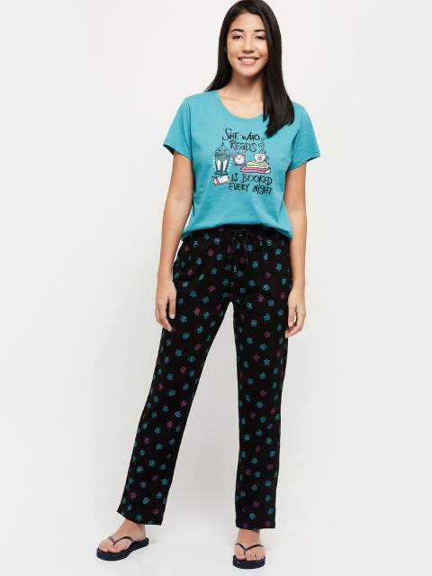 

max Women Blue & Black Printed Cotton Night suit