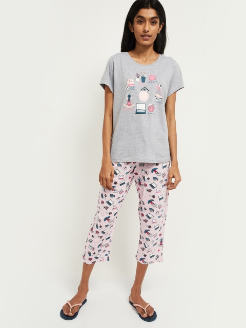 

max Women Grey Melange & Pink Printed Night suit