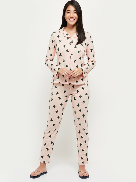 

max Women Pink & Green Printed Cotton Night suit