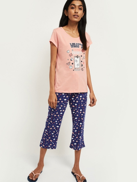 

max Women Pink & Blue Printed Night Suit