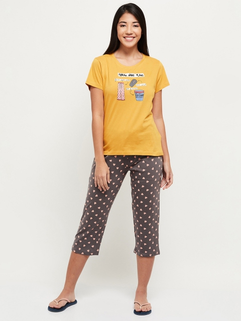 

max Women Mustard Yellow & Grey Printed Cotton Night Suit