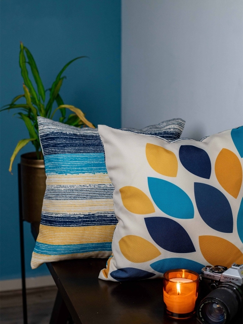 

SHIVANAA HOMES Blue & White Set of 2 Striped Square Cushion Covers