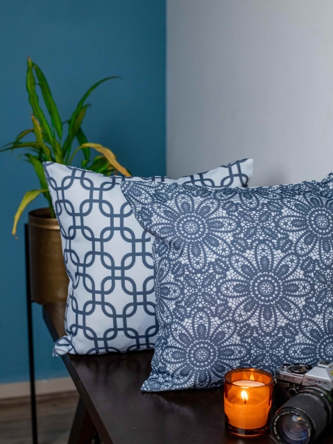 

SHIVANAA HOMES White & Grey Set of 2 Floral Square Cushion Covers