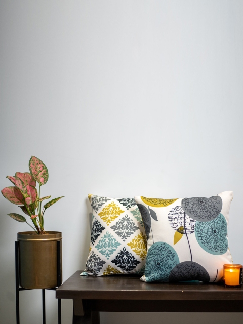 

SHIVANAA HOMES White & Mustard Set of 2 Abstract Square Cushion Covers