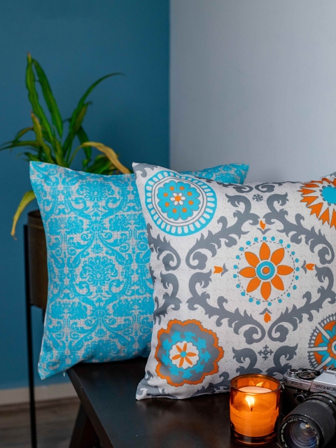 

SHIVANAA HOMES Blue & Orange Set of 2 Ethnic Motifs Square Cushion Covers
