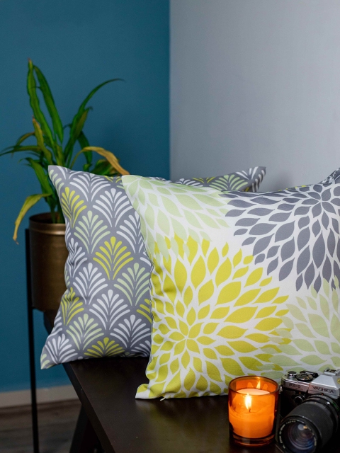 

SHIVANAA HOMES Yellow & Grey Set of 2 Ethnic Motifs Square Cushion Covers