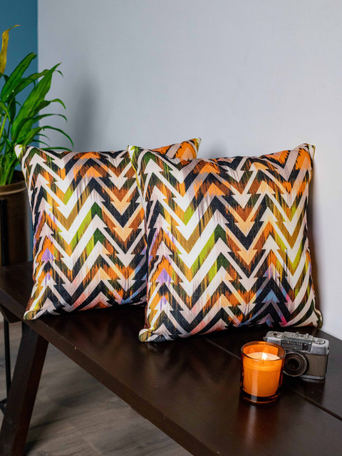 

SHIVANAA HOMES White & Orange Set of 2 Geometric Square Cushion Covers