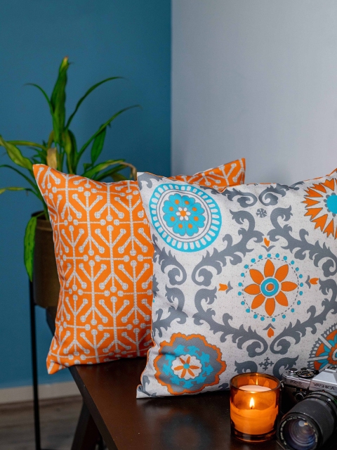 

SHIVANAA HOMES Orange & White Set of 2 Ethnic Motifs Square Cushion Covers