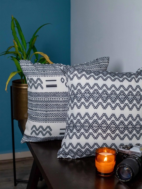 

SHIVANAA HOMES White & Black Set of 2 Geometric Square Cushion Covers