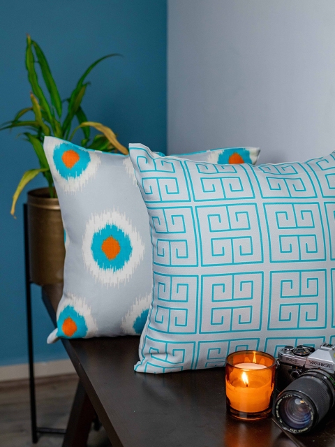 

SHIVANAA HOMES Blue & Orange Set of 2 Geometric Square Cushion Covers