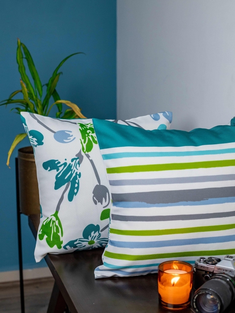 

SHIVANAA HOMES White & Teal Green Set of 2 Floral Square Cushion Covers