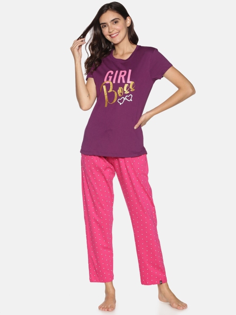 

TWIN BIRDS Women Purple & Pink Printed Night Suit