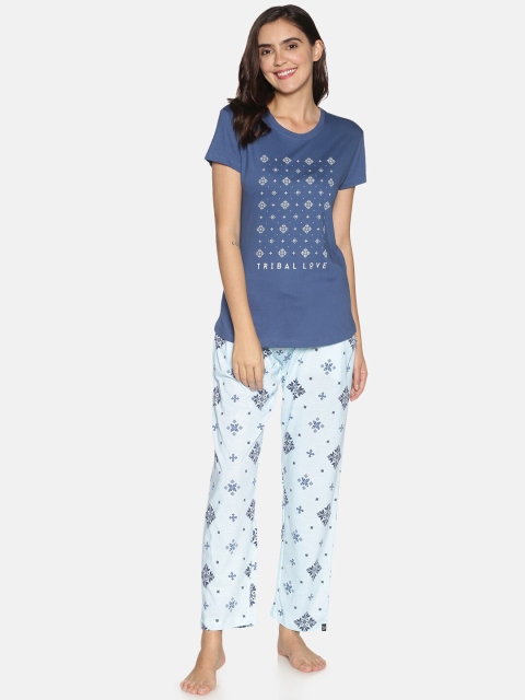 

TWIN BIRDS Women Navy Blue Printed Cotton Night Suit