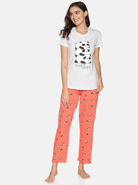 

TWIN BIRDS Women Grey & Coral Printed Night suit