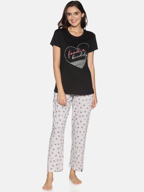 

TWIN BIRDS Women Black & Grey Printed Night suit