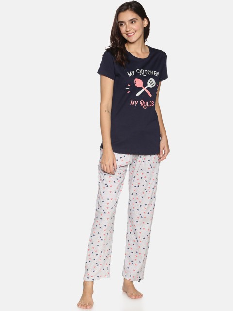 

TWIN BIRDS Women Navy Blue & Grey Printed Night suit