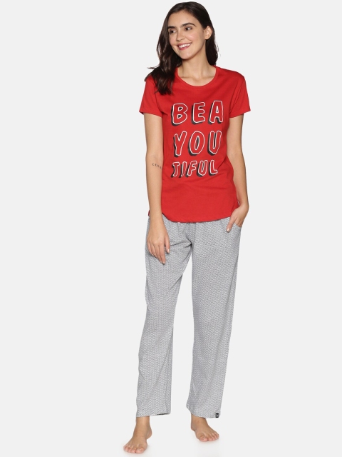 

TWIN BIRDS Women Red & Grey Printed Night suit