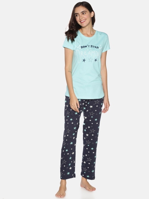 

TWIN BIRDS Women Sea Green & Navy Blue Printed Night Suit
