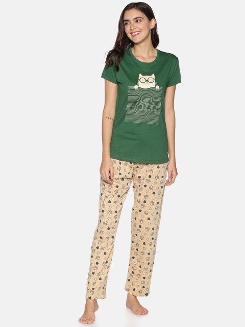 

TWIN BIRDS Women Green & Cream-Coloured Printed Night suit
