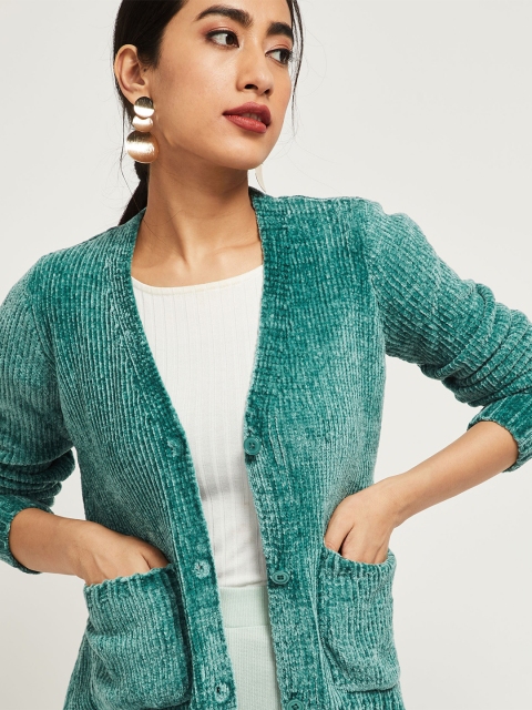 

max Women Green Ribbed Cardigan Sweater