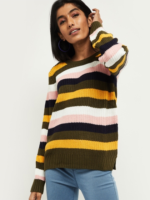 

max Women Olive Green & Pink Striped Pullover Sweater
