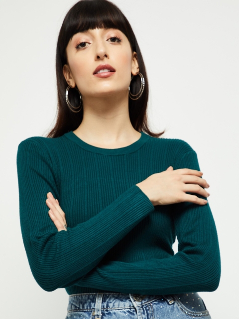 

max Women Green Ribbed Pullover Sweater