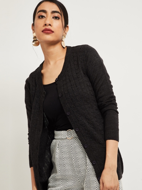 

max Women Charcoal Grey Solid Acrylic Cardigan Sweater