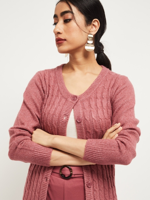 

max Women Pink Self Design Cardigan Sweater
