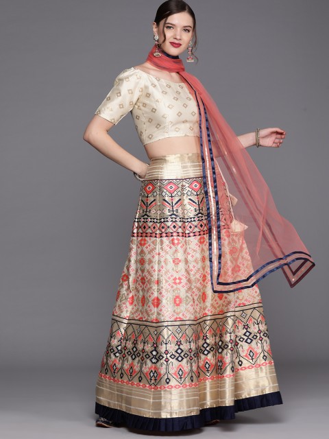 

Inddus Cream-Coloured & Blue Semi-Stitched Lehenga & Unstitched Blouse With Dupatta