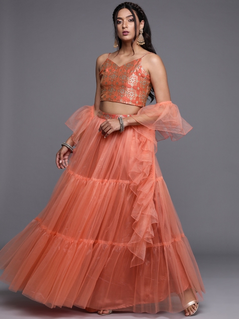 

Inddus Peach-Coloured & Golden Semi-Stitched Lehenga & Unstitched Blouse With Dupatta