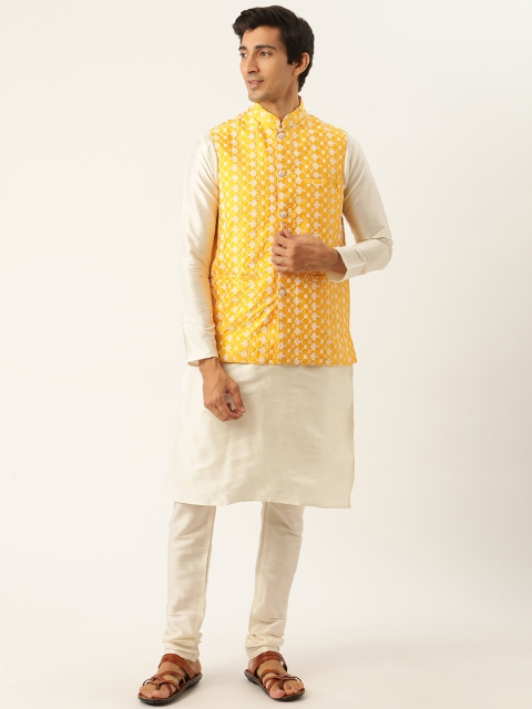 

SOJANYA Men Yellow & Off White Motifs Embroidered Kurta & Churidar with Nehru Jacket