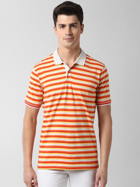 

Peter England Casuals Men Orange & Beige Striped Polo Collar T-shirt