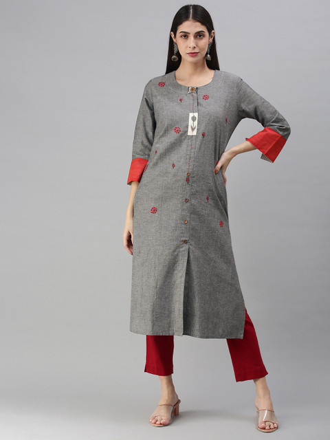 

araaliya Women Grey & Red Floral Embroidered Thread Work Kurta