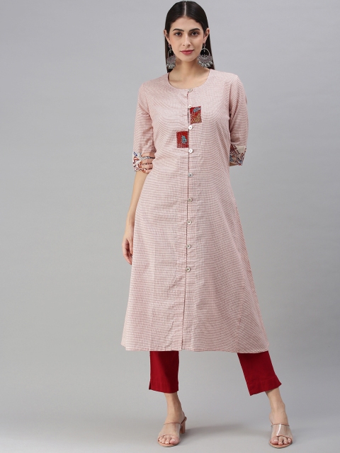 

araaliya Women Cream-Coloured & Red Checked Thread Work Kurta