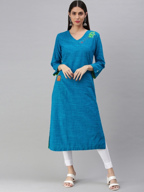 

araaliya Women Blue Solid Thread Work Kurta