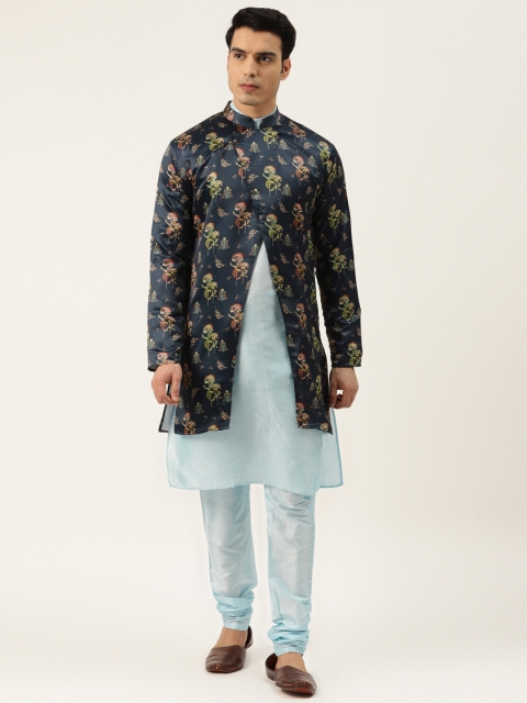 

SOJANYA Men Blue Solid Kurta Set With Printed Jacket